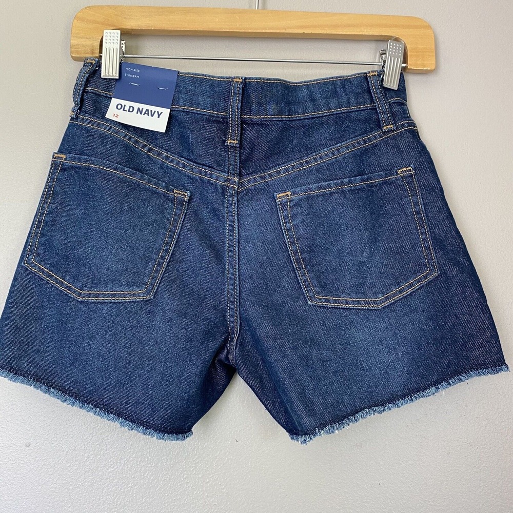 OLD NAVY Girls Blue Denim Frayed Hem High Rise Adjustable Waist Shorts Size 12 - Picture 2 of 11